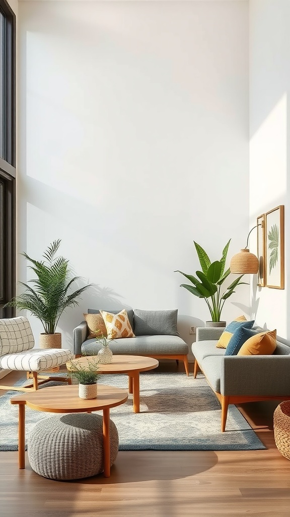 A stylish living room featuring a soft color palette, natural materials, and potted plants, showcasing sustainable design.
