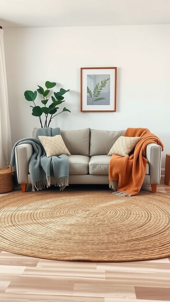 A cozy living room featuring a light-colored sofa with colorful blankets, a round jute rug, and a potted plant.