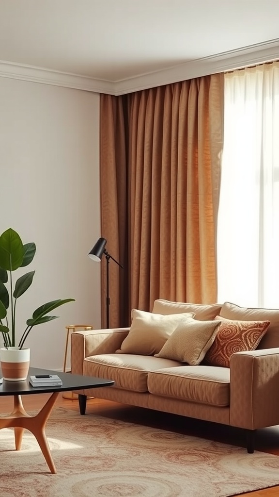 A cozy living room featuring textured chenille curtains, a comfortable sofa, and a potted plant