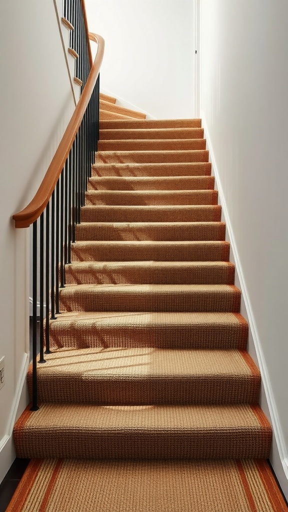 A staircase with woven natural fiber carpet and black railing.