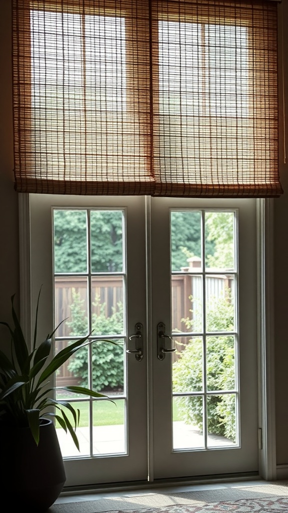 A view of patio doors with textured woven shades partially drawn.