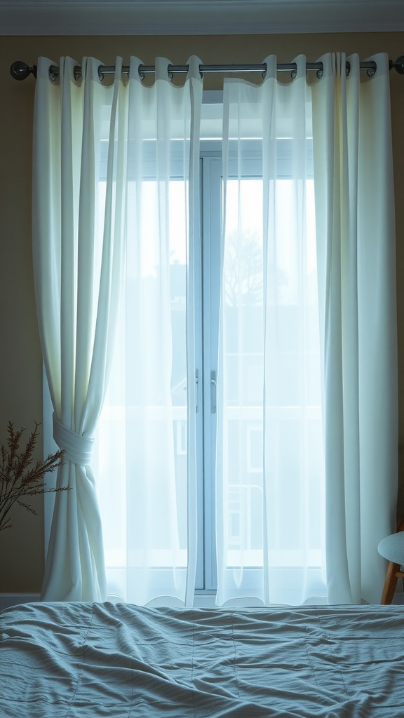A pair of thermal insulated curtains framing a window, softly diffusing light