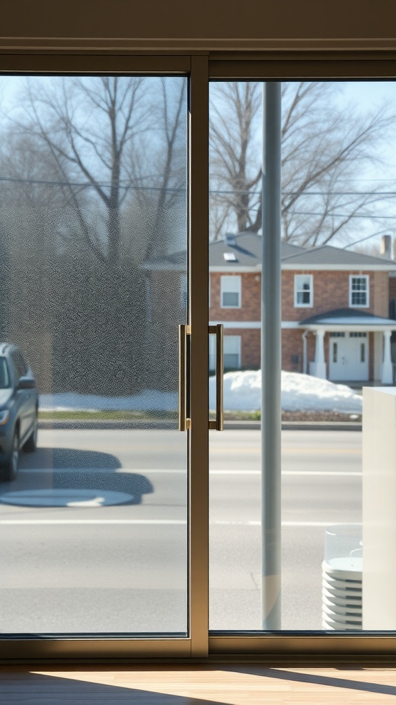 A modern sliding glass door with tinted window film applied, showing a frosted effect for privacy.