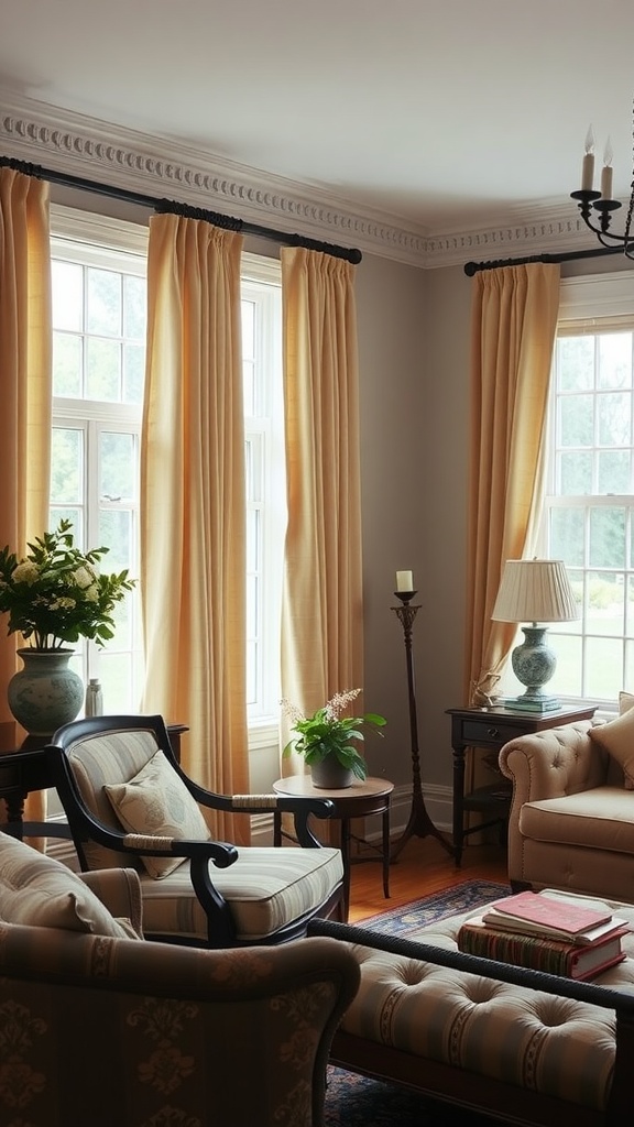 A cozy living room featuring traditional rod pocket curtains in golden hues, tall windows, and elegant furniture.
