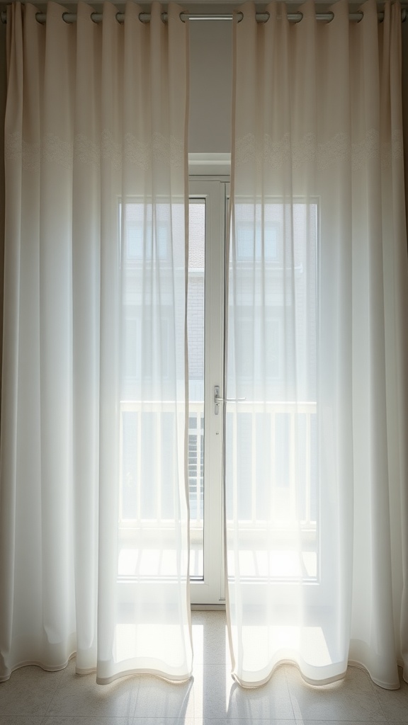 Translucent privacy curtains hanging over a sliding glass door, allowing natural light to filter through.