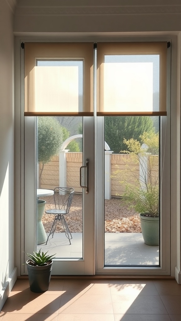 Interior view of patio doors with translucent roller shades