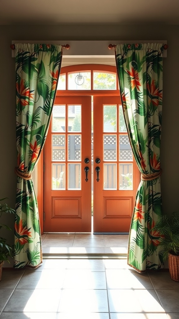 Tropical-patterned curtains hanging on patio doors surrounded by natural light.