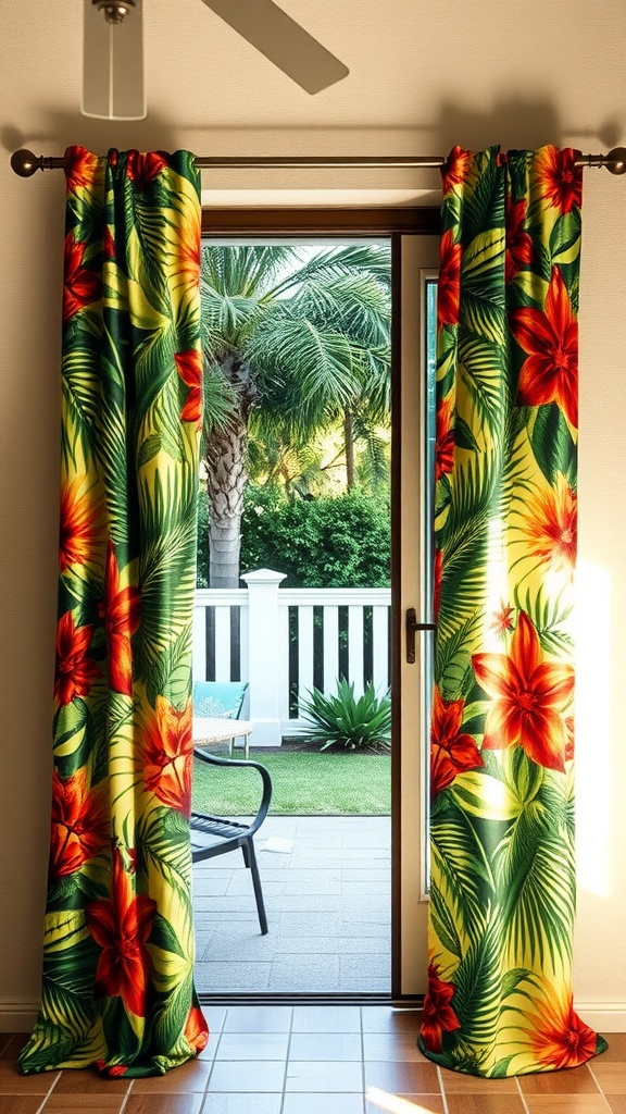 Colorful tropical print curtains hanging by a patio door