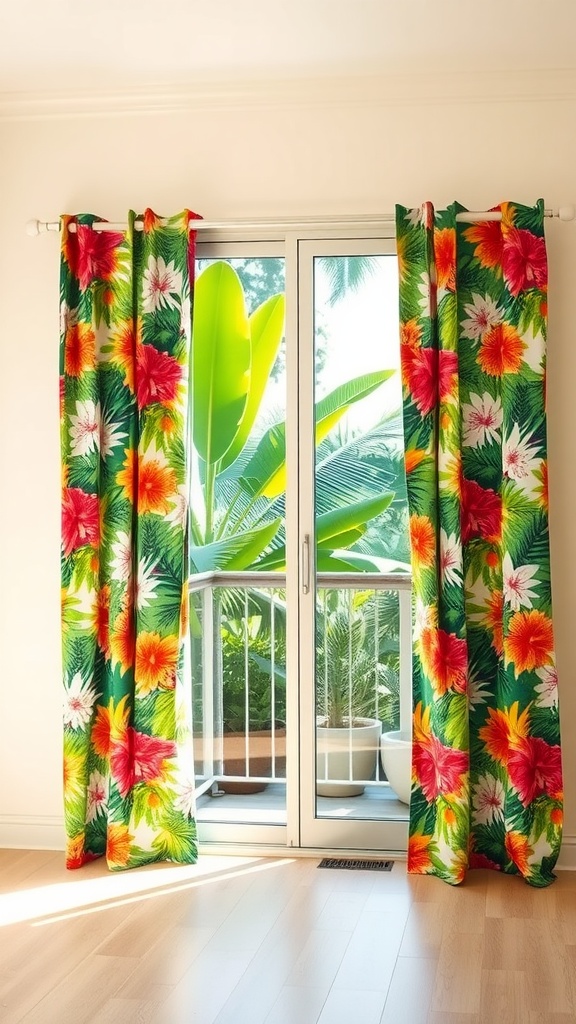 Bright tropical print curtains beside a sliding glass door, enhancing the room's vibrancy.