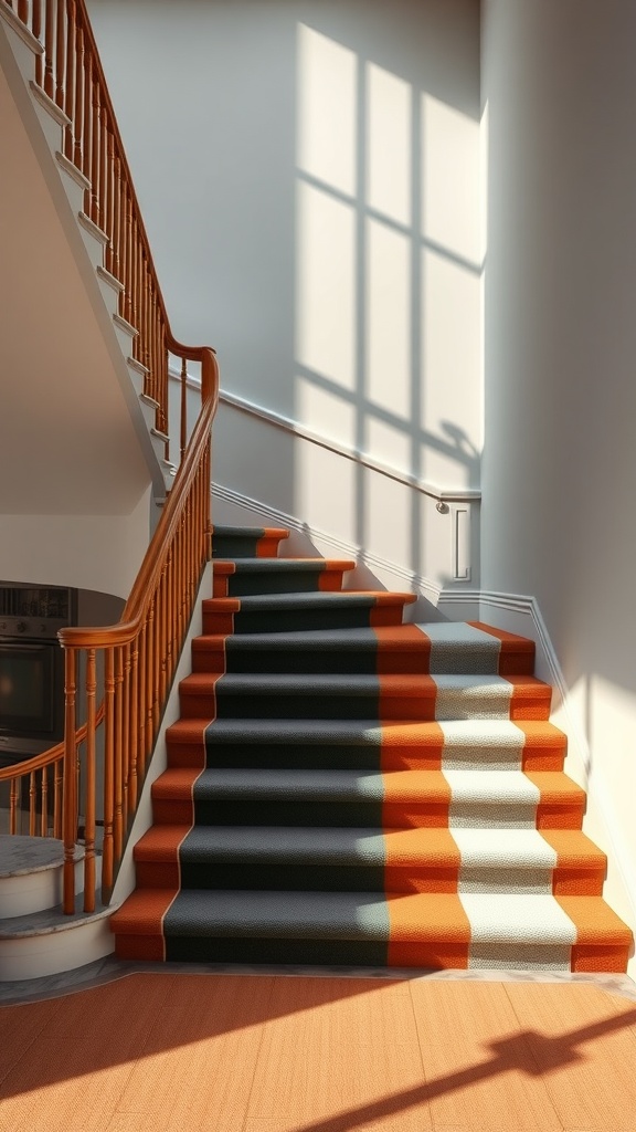 A staircase with a two-tone carpet design featuring orange and gray colors