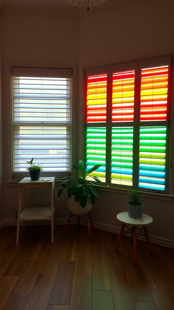 Colorful upcycled blinds with plants in a bright room