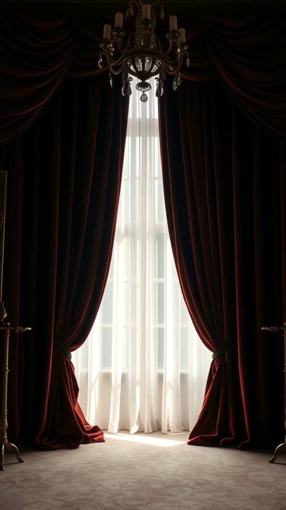 Luxurious room with deep red velvet curtains and sheer white curtains, illuminated by a chandelier