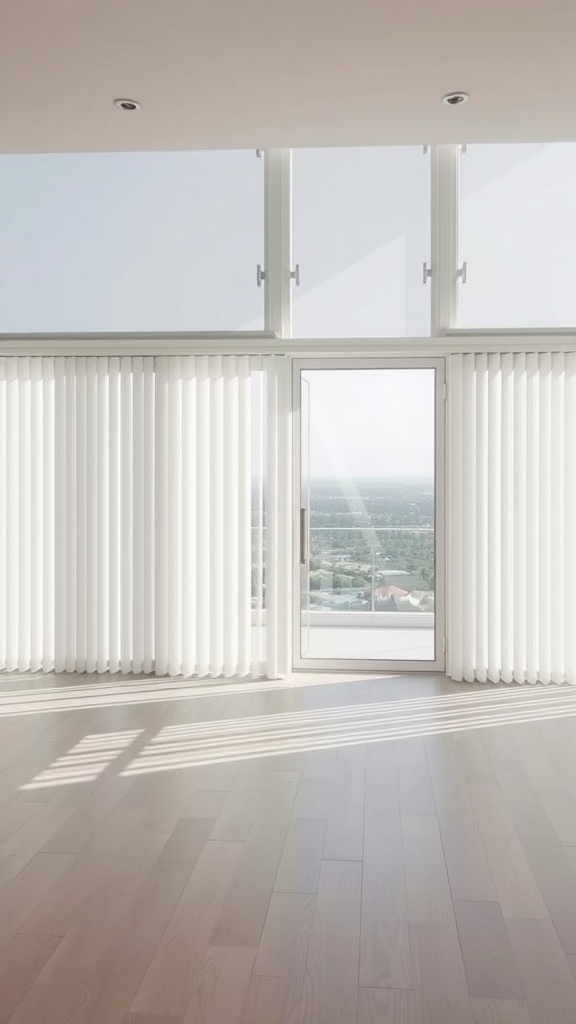 Interior view of large windows with vertical blinds, showcasing a modern and bright space.