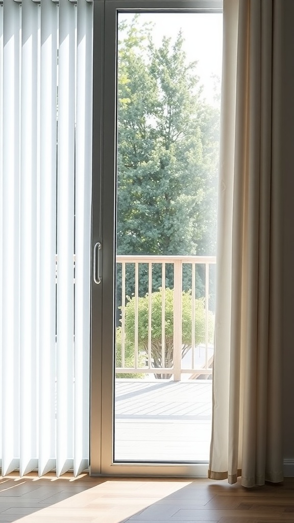 Interior view of a sliding glass door with vertical blinds and golden wooden flooring