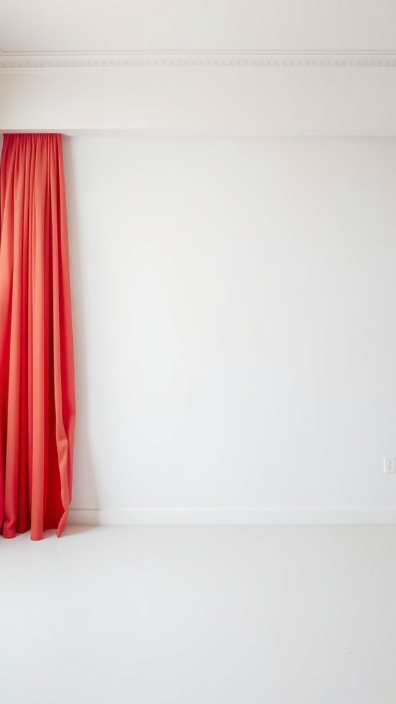 Vibrant coral drapes hanging against white walls