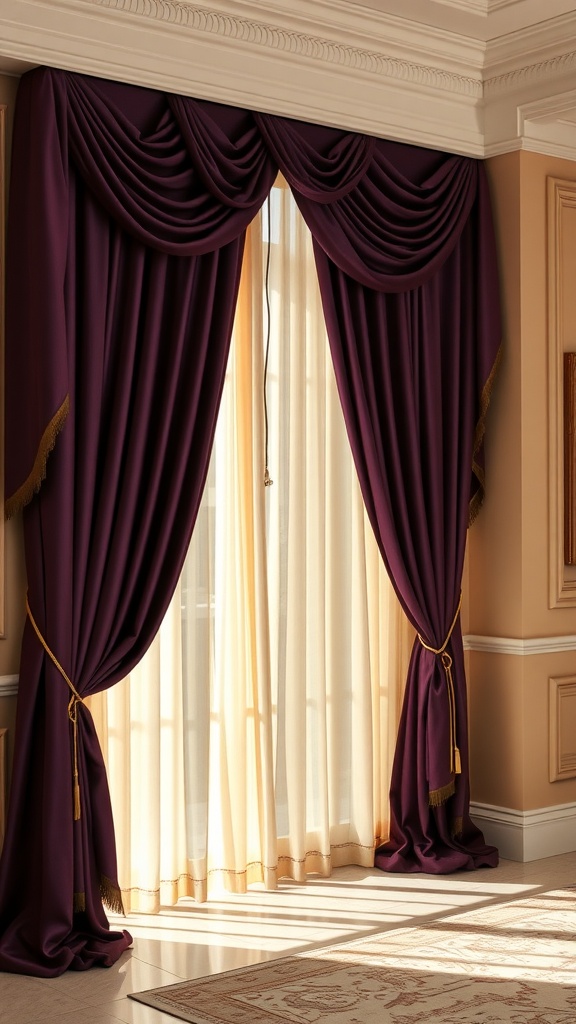 A pair of luxurious purple drapes paired with sheer panels, framing a window in a room with beige walls.