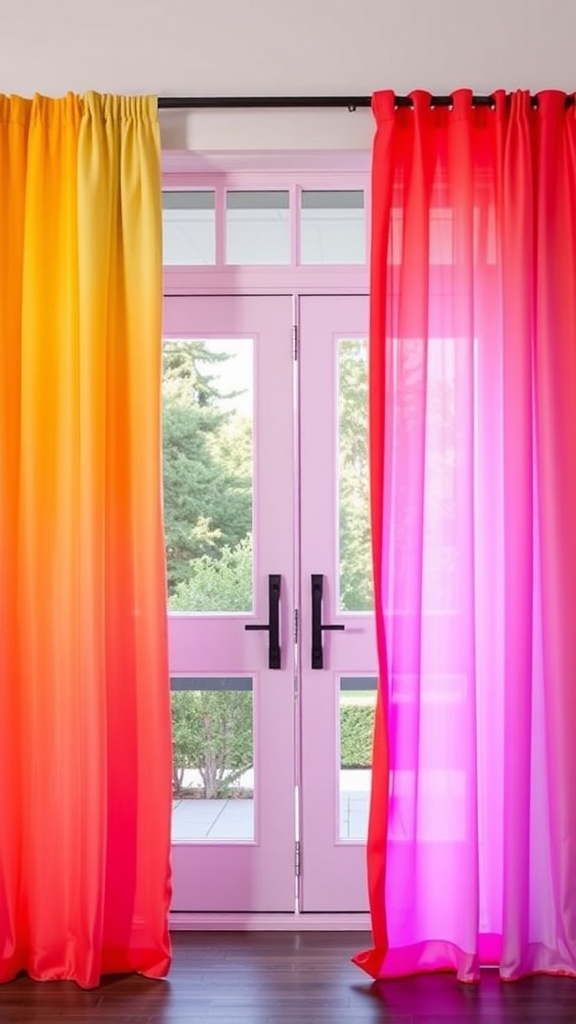A pair of vibrant ombre curtains in shades of yellow to red and pink, hanging near a patio door.