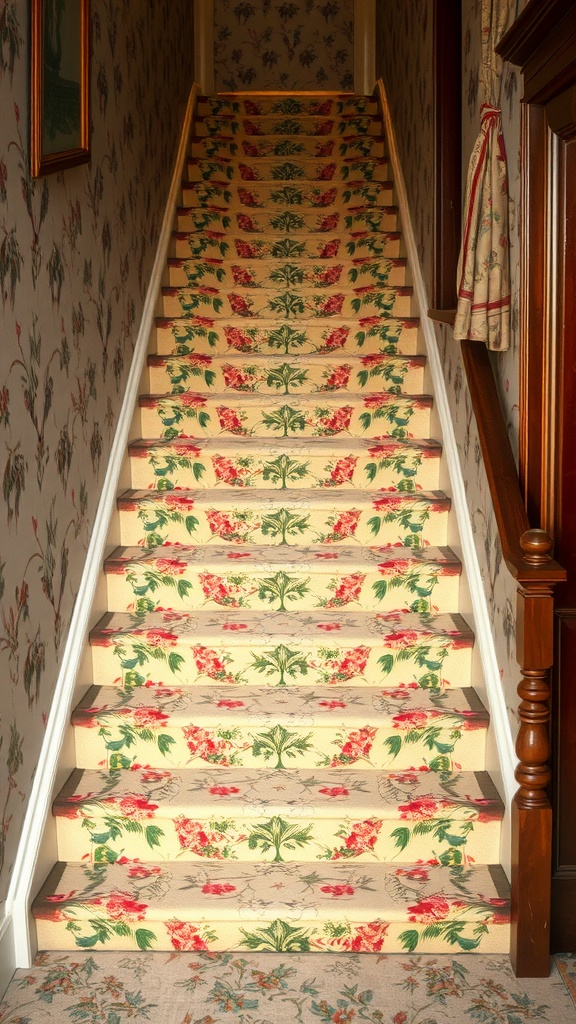 Stairs featuring vintage-inspired floral carpet with red and green flowers on a beige background.