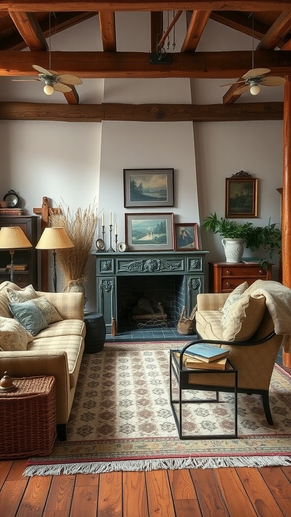 A vintage-inspired living room featuring wooden beams, a dark fireplace, and soft furnishings.