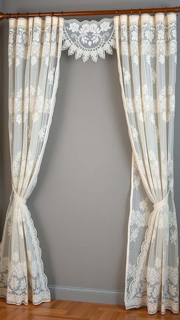 Vintage floral lace curtains hanging on grey walls