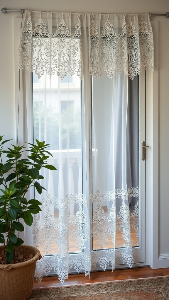Vintage lace curtains hanging over a sliding glass door with a potted plant nearby.