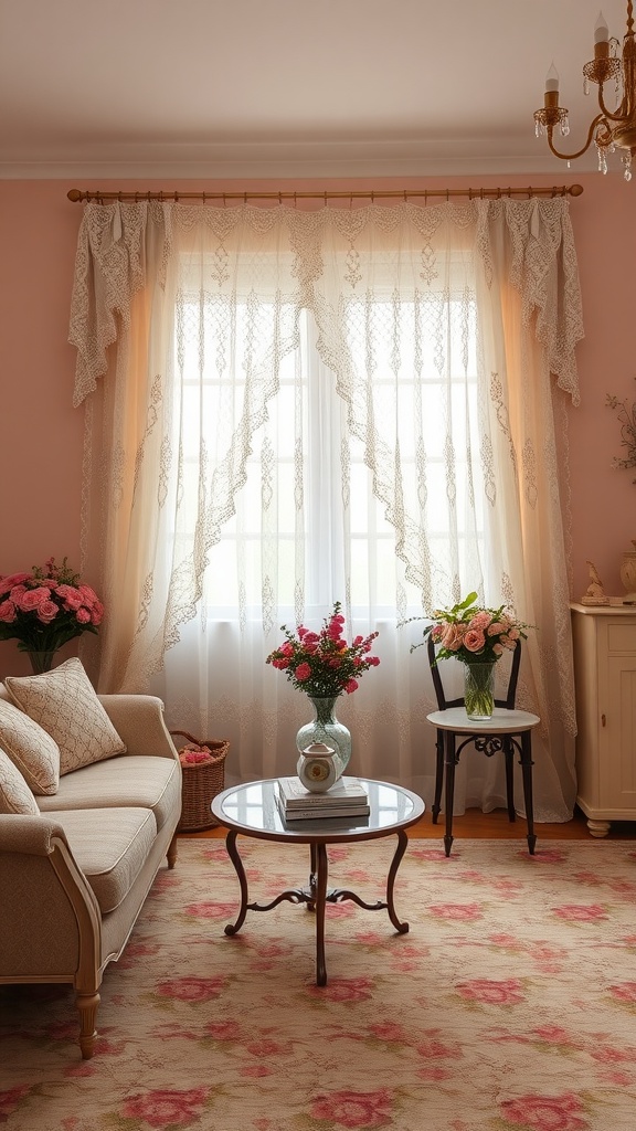 A living room with vintage lace curtains, a floral rug, and decorative plants