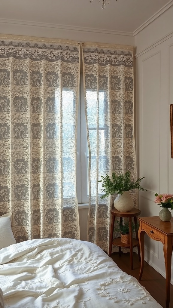 A cozy bedroom with vintage lace panel curtains framing a window, a neatly made bed, and tasteful decor.