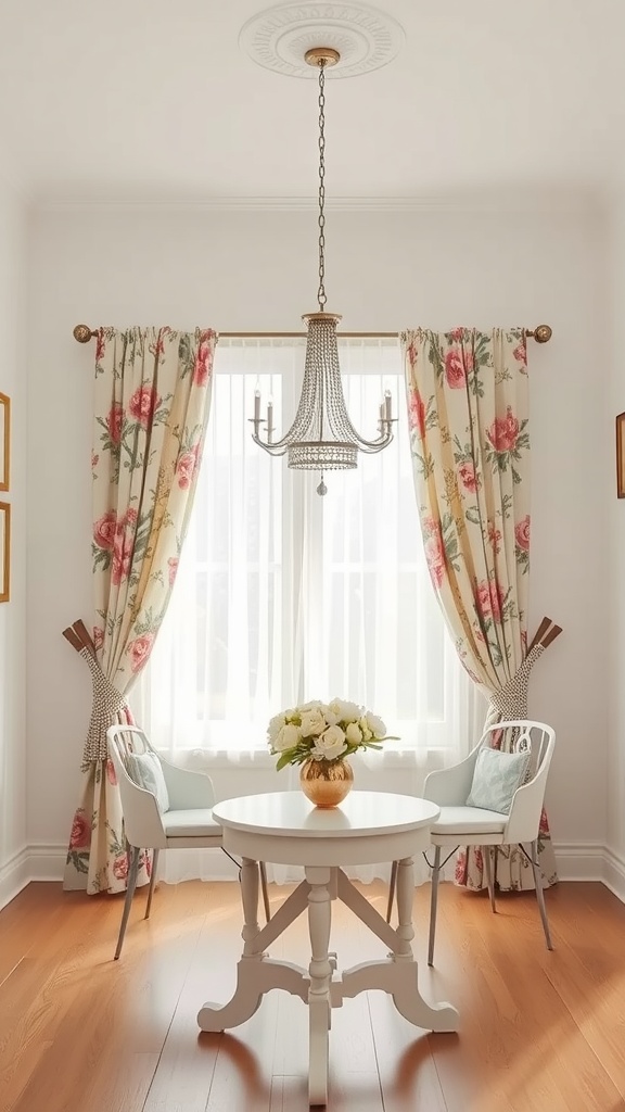 A cozy dining corner featuring vintage rose patterned drapes, white walls, and a small round table with chairs.