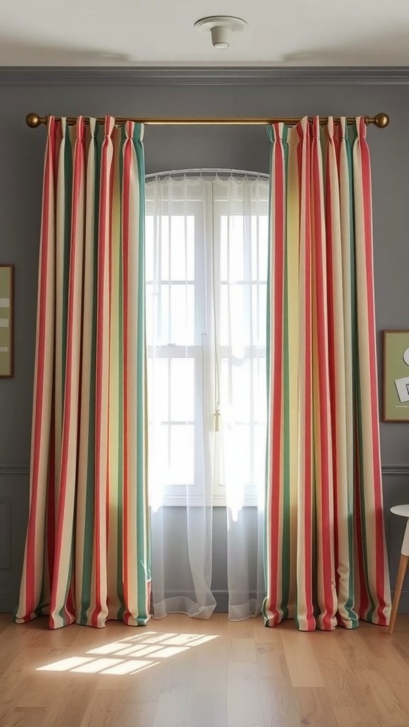 Vintage striped curtains in red, green, and cream hanging in front of a window with grey walls.