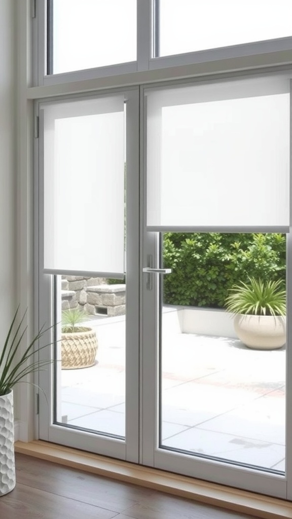 Vinyl roller shades covering patio doors with a view of green plants outside
