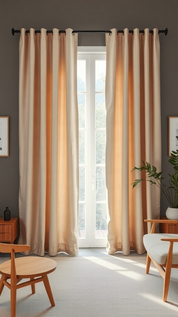 Warm beige linen curtains hanging in a room with grey walls and wooden furniture.