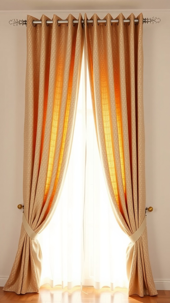 Warm beige textured curtains hanging in a bright room with white walls.