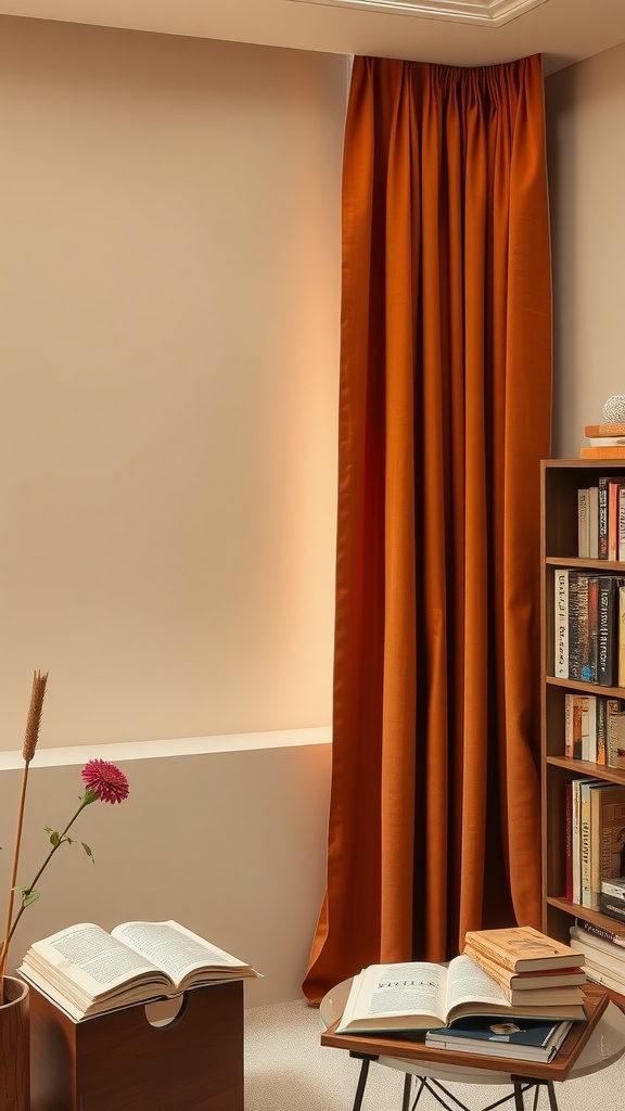Warm cinnamon curtains in a room with beige walls and a cozy reading nook
