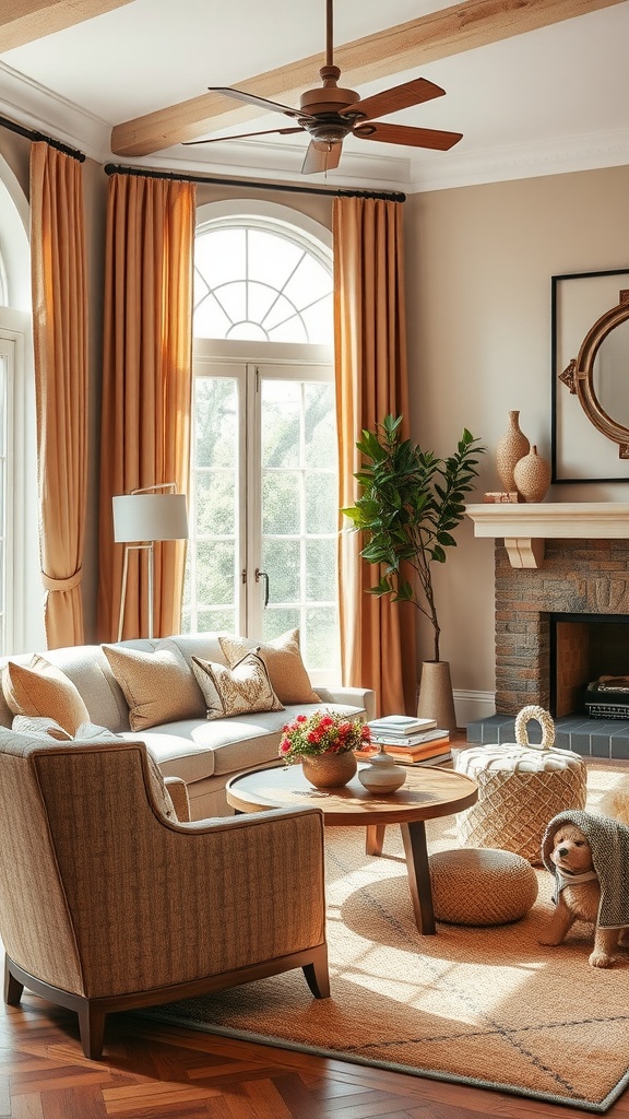 A cozy living room featuring earthy tones with orange curtains, a beige sofa, and a wooden coffee table surrounded by decorative items.