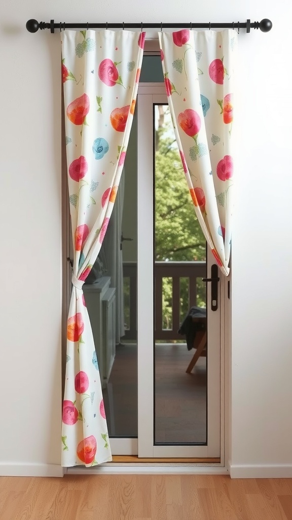 Colorful watercolor print curtains hanging over a sliding glass door
