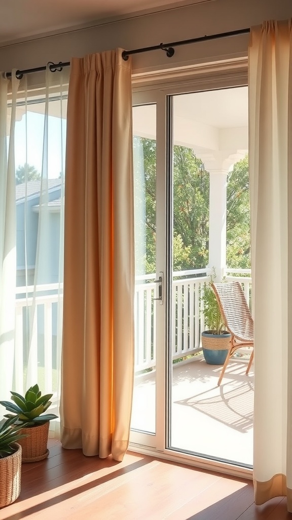 Stylish weather-resistant curtains framing a sliding glass door leading to an outdoor space.