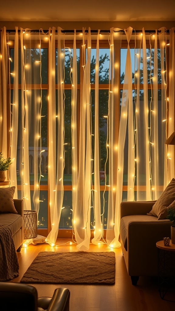Living room with sheer curtains and fairy lights illuminating the space