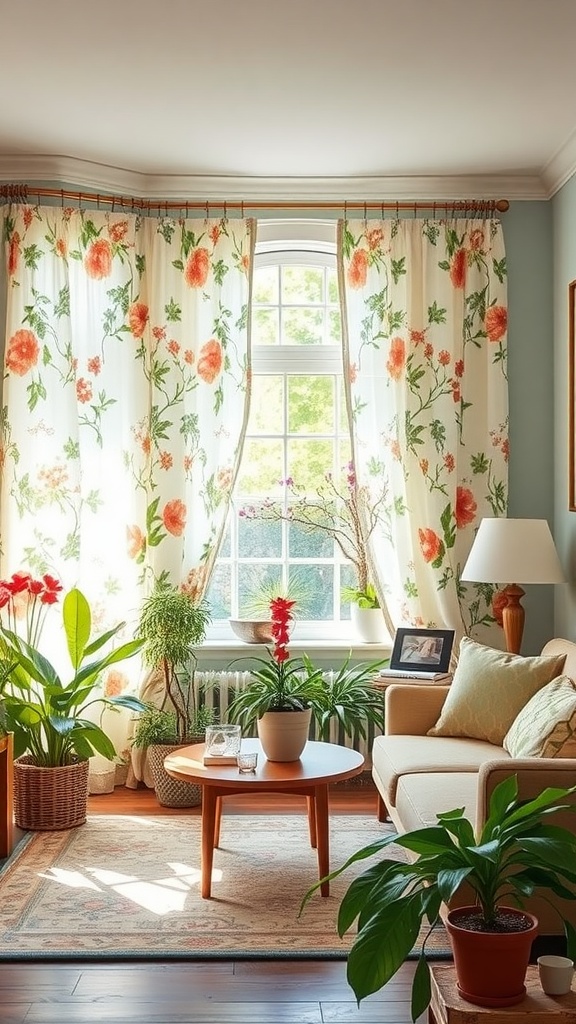 Living room with floral curtains, plants, and cozy decor