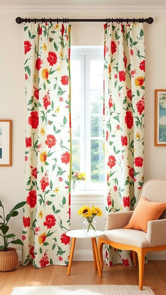 Whimsical floral curtains featuring bright flowers in red and yellow on a cream background, framing a sunny window with a small vase of sunflowers on a table.