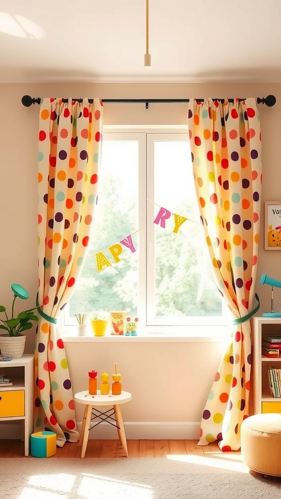Bright and colorful polka dot curtains in a room with beige walls, featuring a cozy window setup