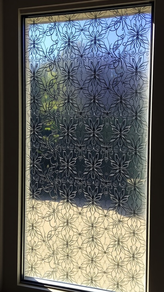 A modern window with decorative film applied for privacy