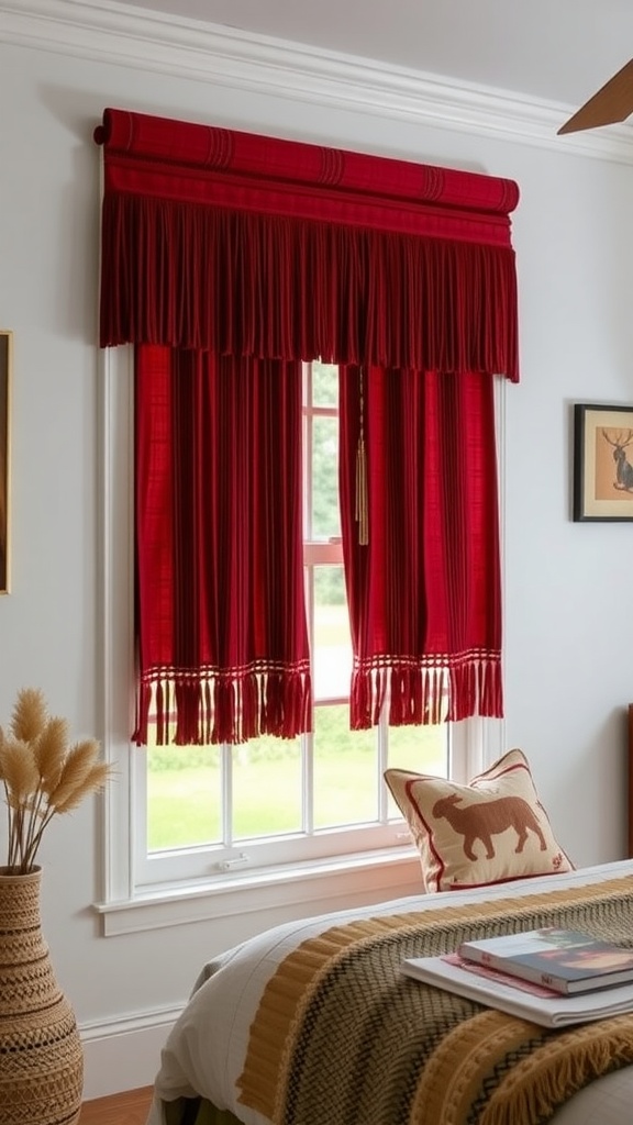 Window with curtains featuring fringe details in a bright bedroom setting.
