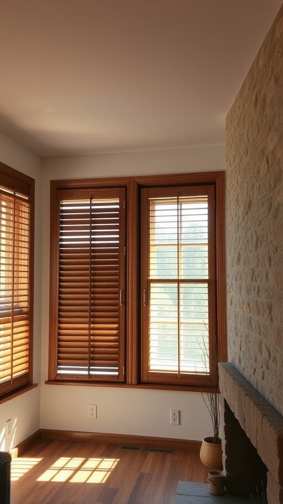 Interior with wooden blinds on windows, featuring a stone fireplace and wooden flooring