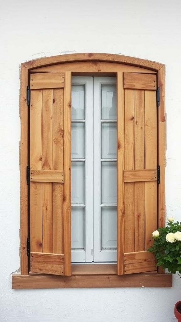 A pair of wooden pallet shutters elegantly framed around a white window with a flower pot below.