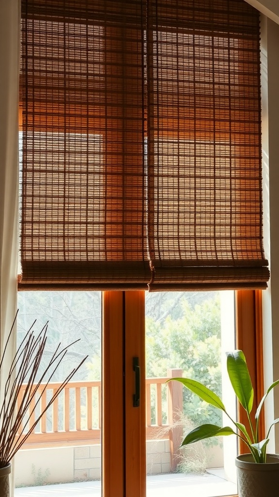 Woven wood shades on sliding glass doors with potted plants nearby