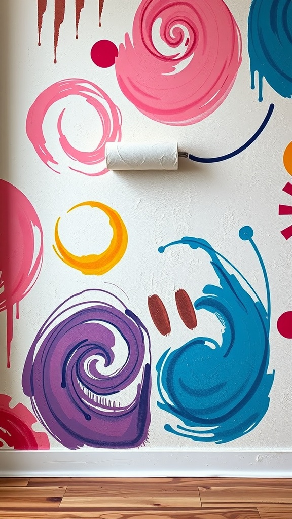 A wall with colorful abstract expressionist swirls, featuring a paint roller resting against it.
