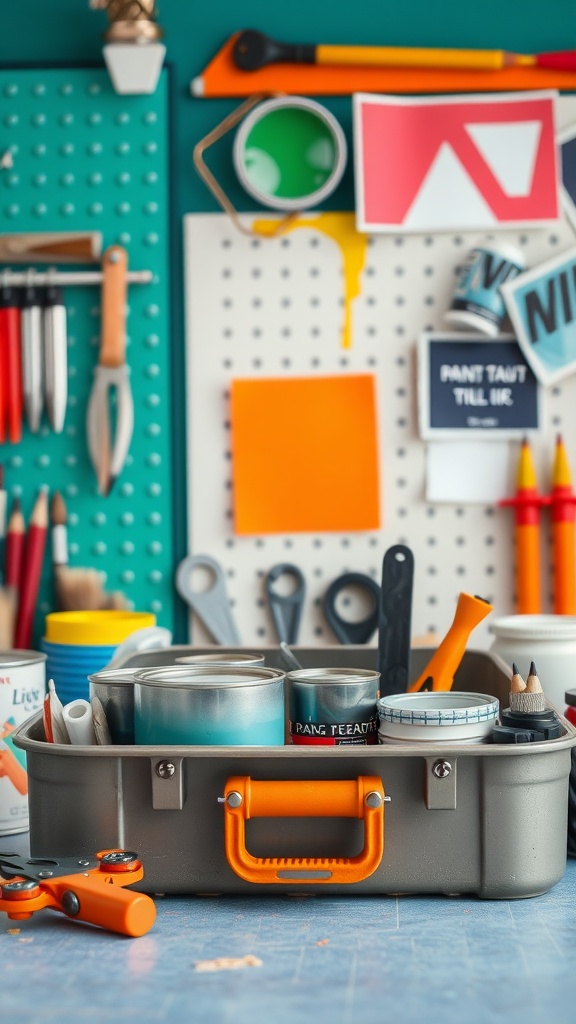 A toolbox filled with various painting tools, including paint cans and an adjustable paint can opener with an orange handle.