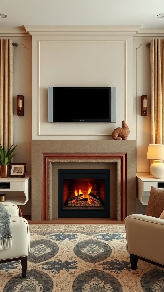 Art Deco inspired living room with electric fireplace and TV above