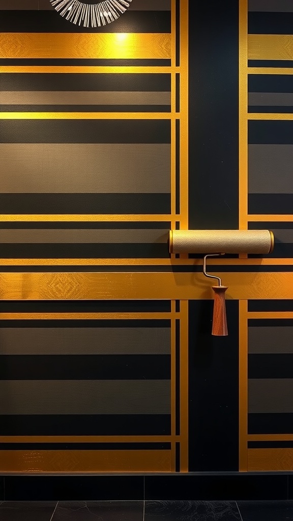 Wall with Art Deco stripes in black and gold, featuring a decorative roller.