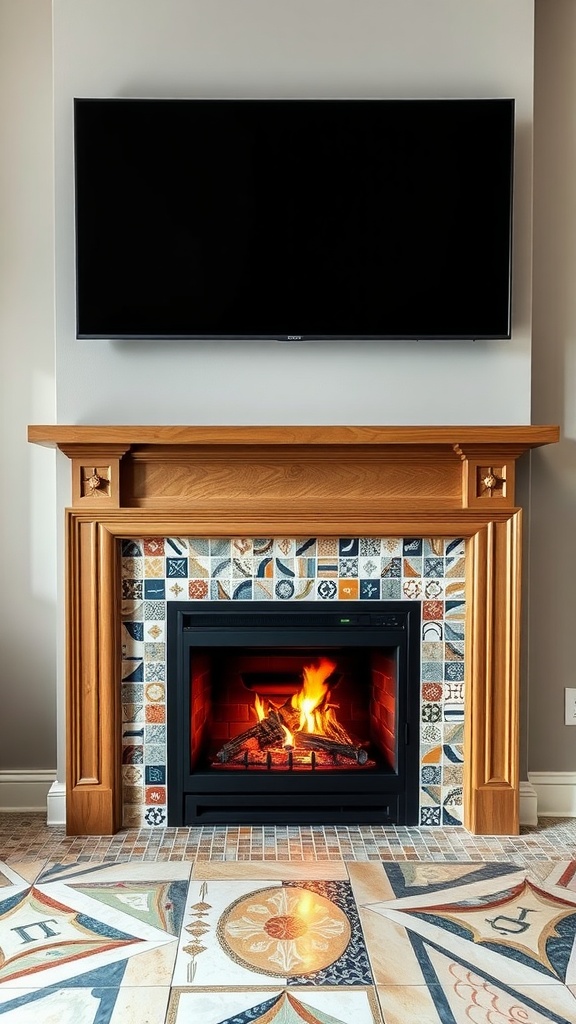Electric fireplace with artistic tile surround and TV above